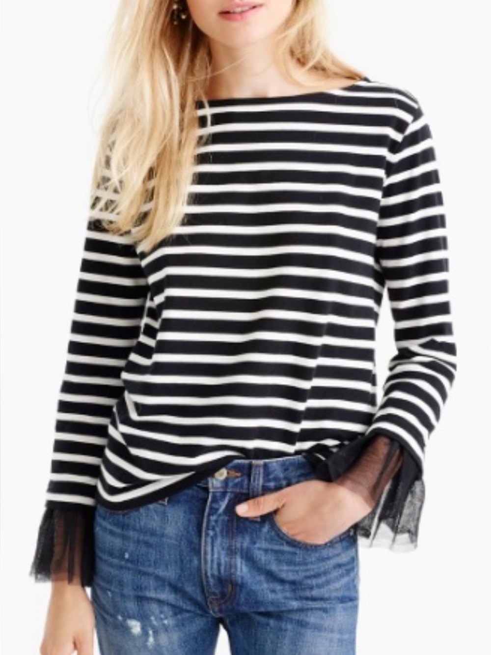 J.Crew Black Cream Striped Top Tulle Cuff Sleeves Size S